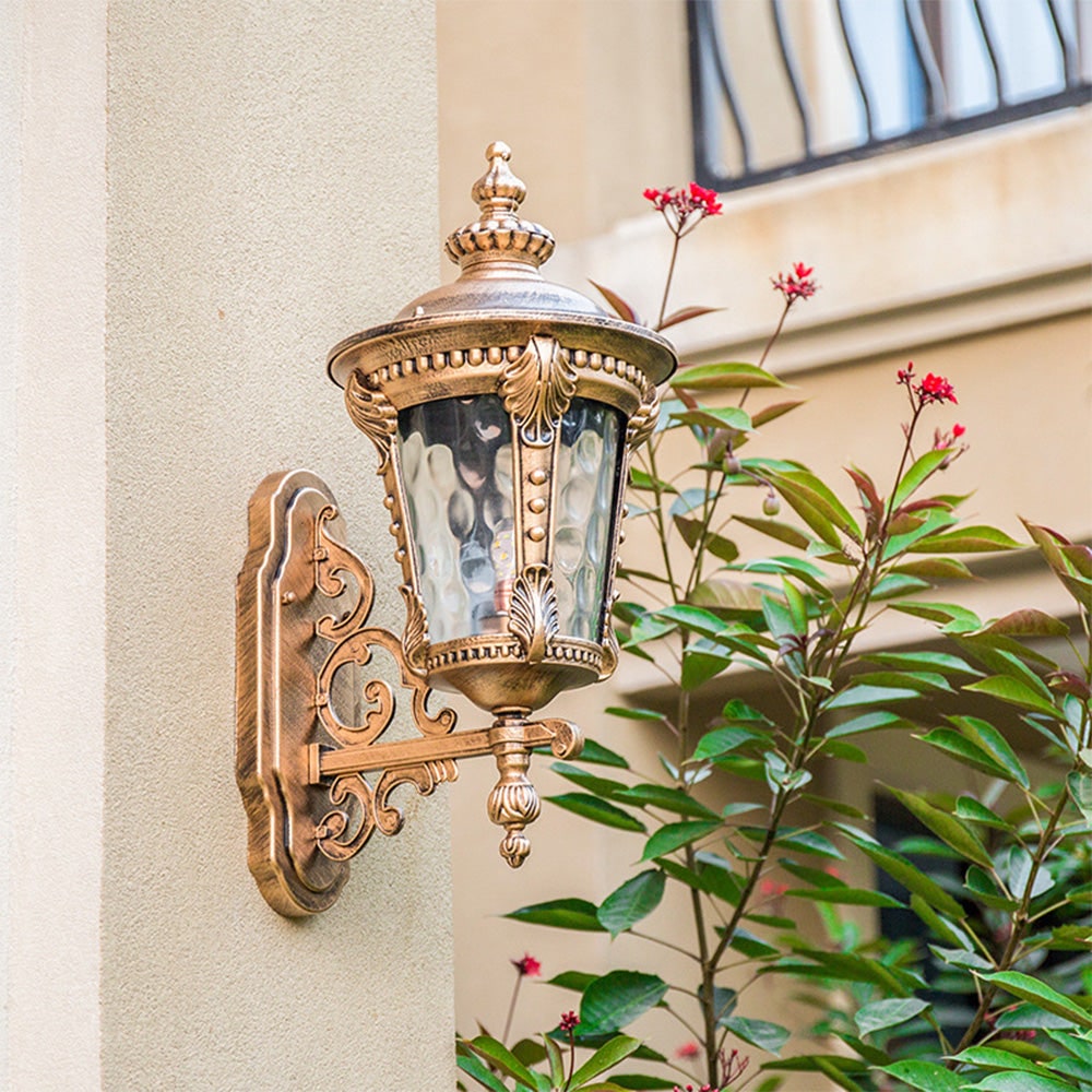 Outdoor Wall Lantern with Vintage Glass Shade and Ornate Scrollwork Design - Image 3
