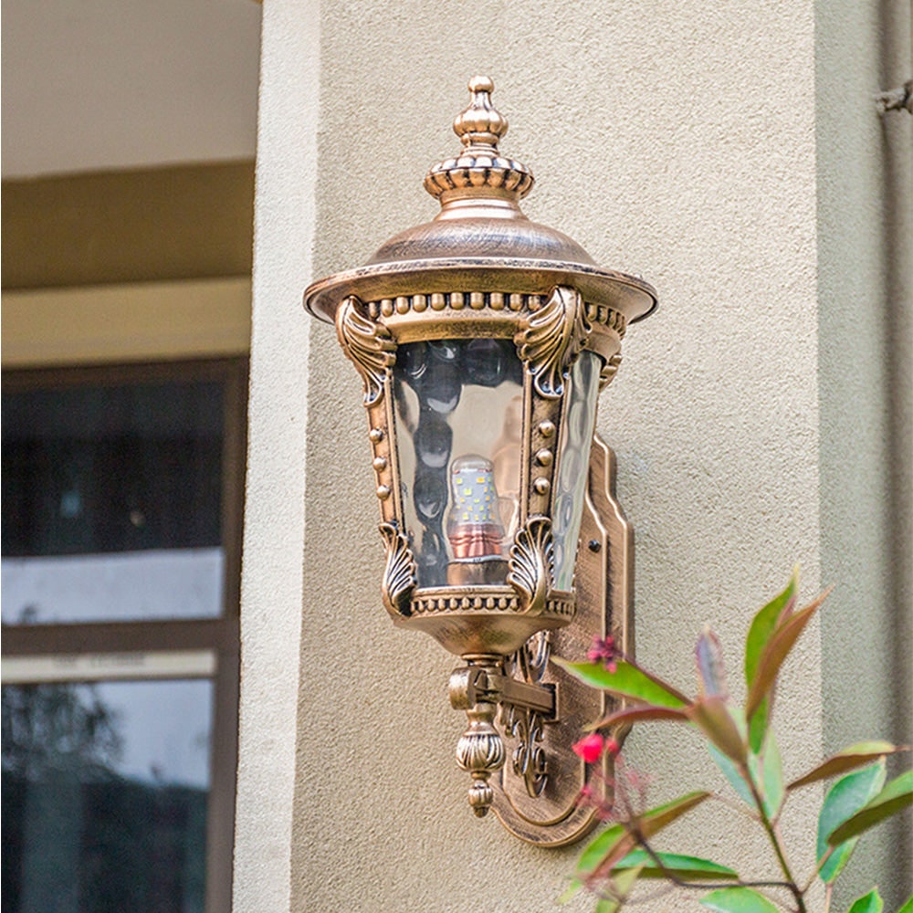 Outdoor Wall Lantern with Vintage Glass Shade and Ornate Scrollwork Design - Image 4