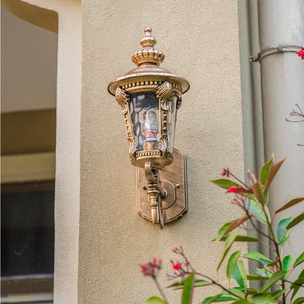 Outdoor Wall Lantern with Vintage Glass Shade and Ornate Scrollwork Design - Image 5