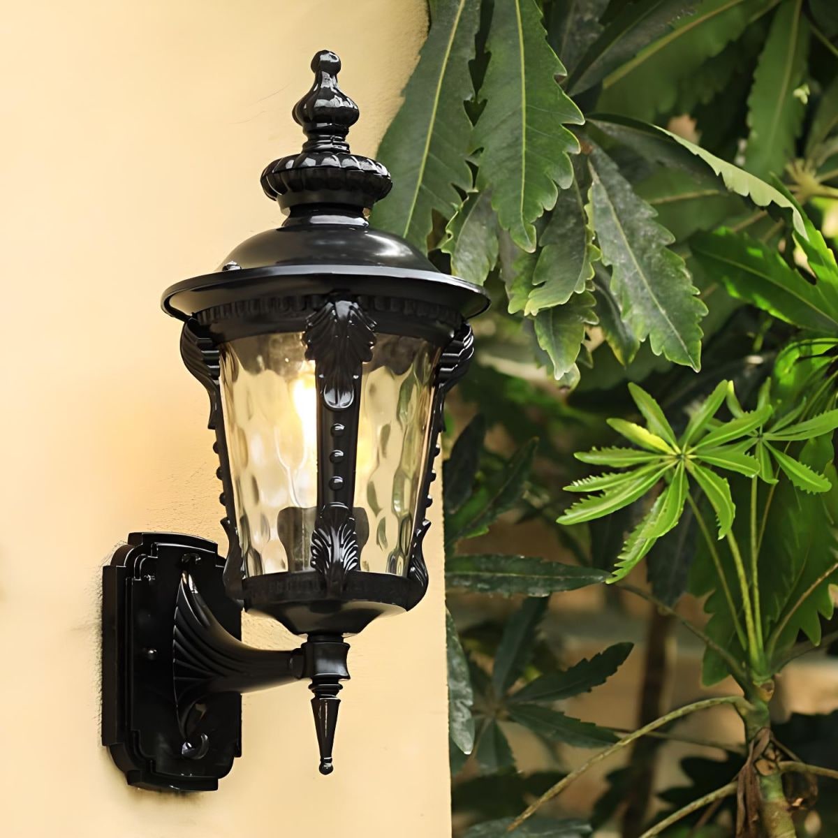 Outdoor Wall Lantern with Vintage Glass Shade and Ornate Scrollwork Design - Image 6