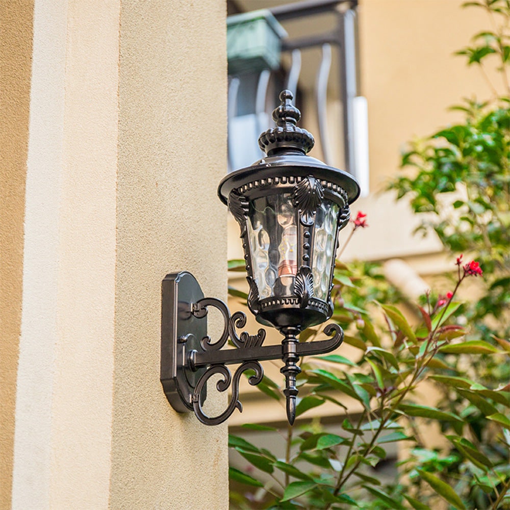 Outdoor Wall Lantern with Vintage Glass Shade and Ornate Scrollwork Design - Image 8