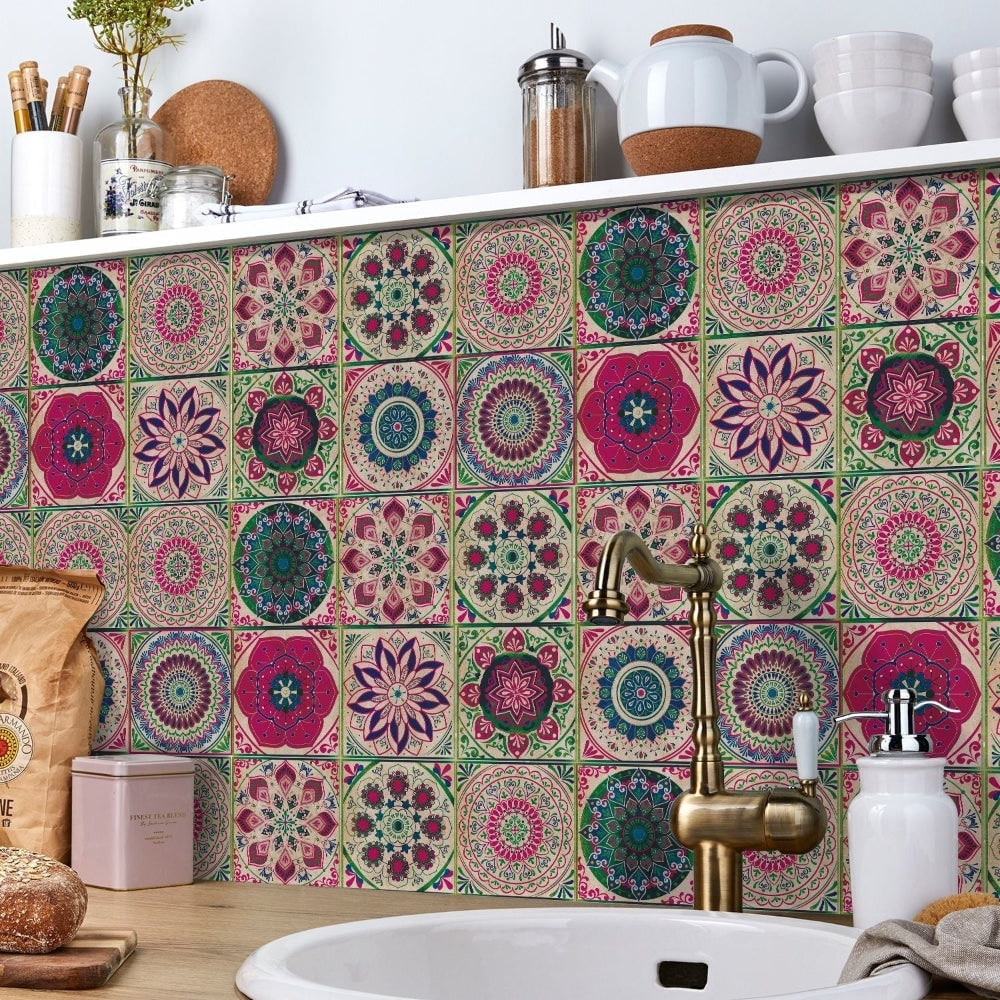 Peel and Stick Tile Backsplash Wall Art Decor Stickers Mandala Patterns Pack of 24 - Image 1