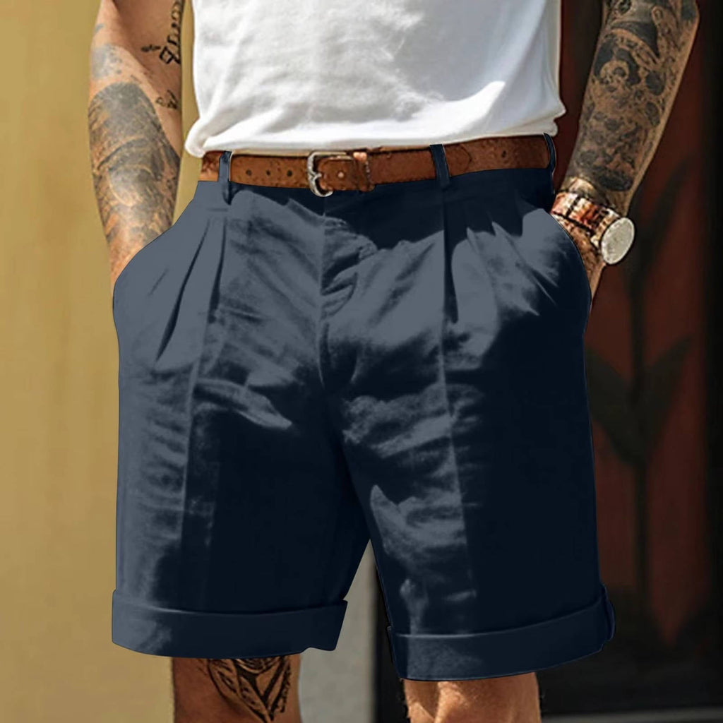 Pietro | Pantaloncini Uomo Bianchi Classici con Risvolto Blu Marina