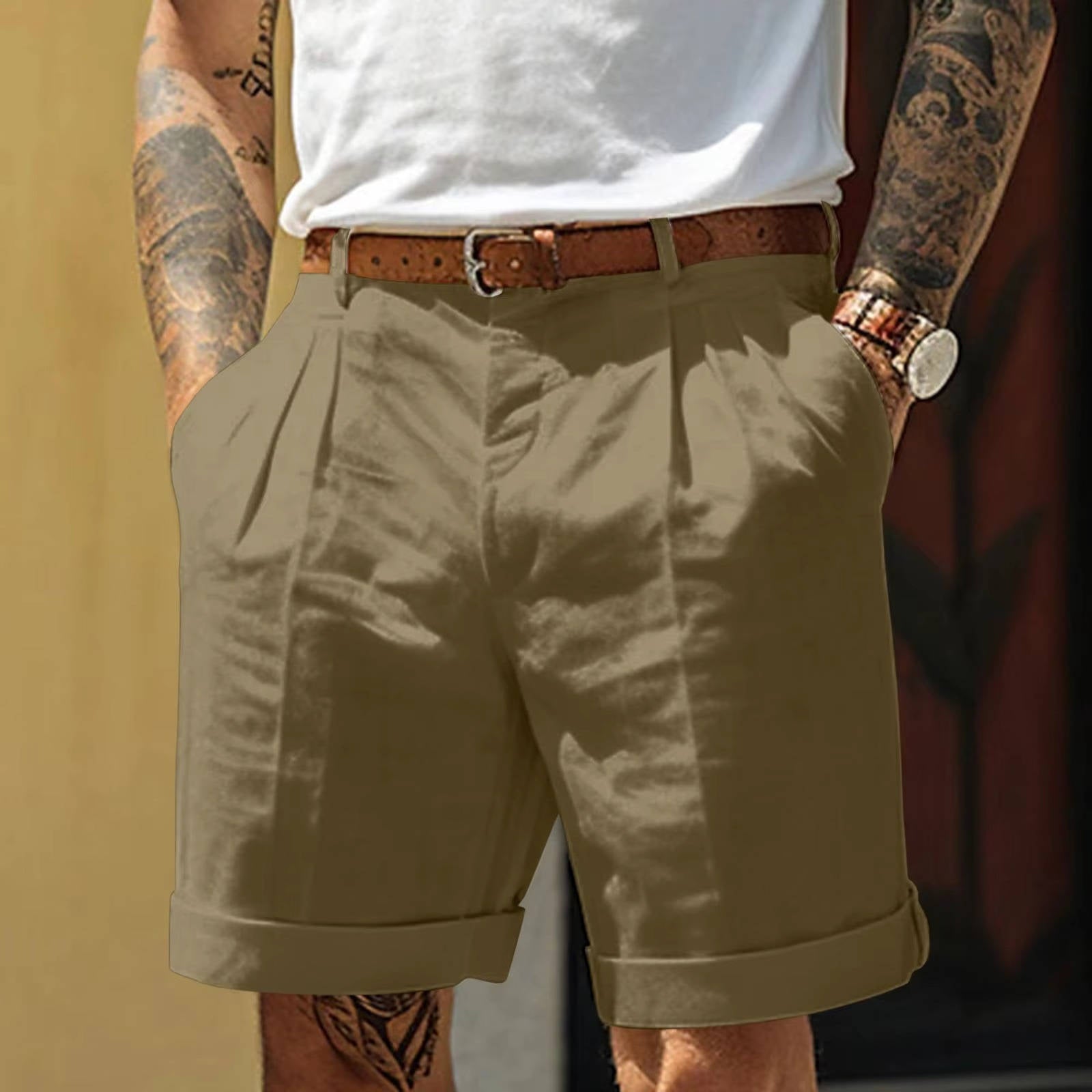 Pietro | Pantaloncini Uomo Bianchi Classici con Risvolto Verde Militare