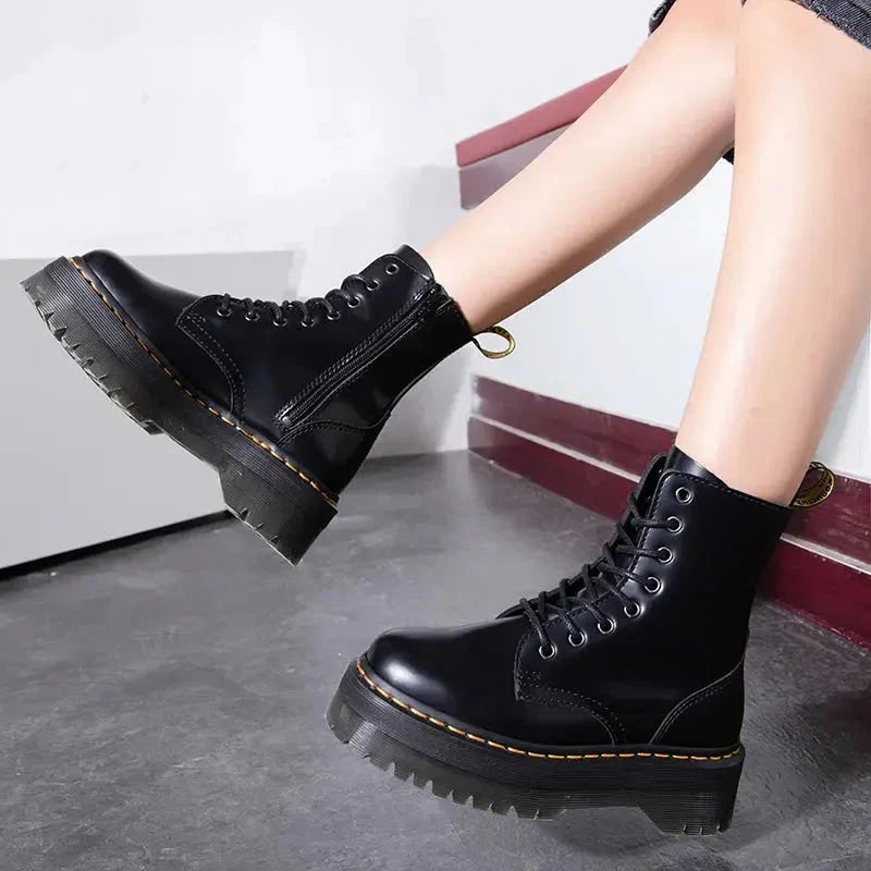 Platform Combat Boots with Chunky Sole Lace-Up Front and Side Zipper - Image 2