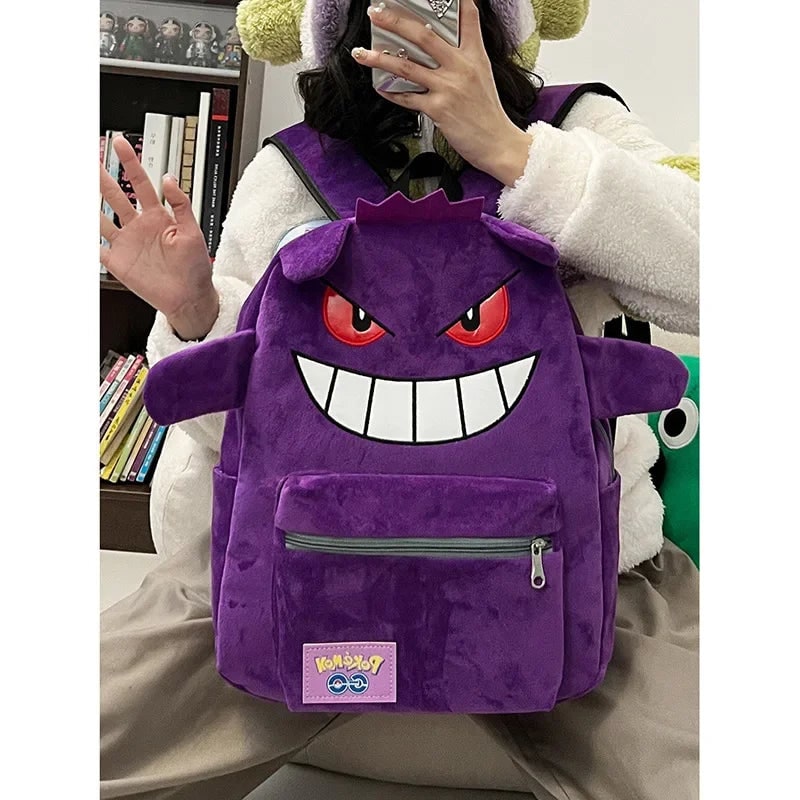 Plush Backpack with Cartoon Monster Design and Front Pocket for Kids - Image 2