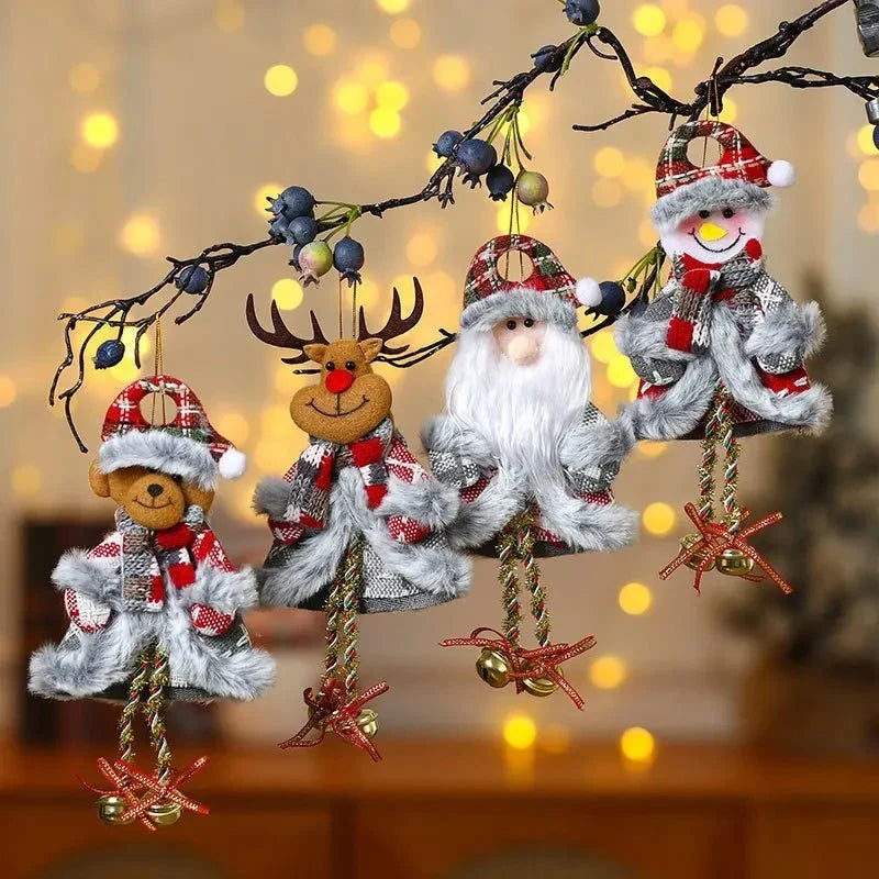 Plush Christmas Ornaments with Dangling Legs Faux Fur Trim and Metal Bells - Image 3