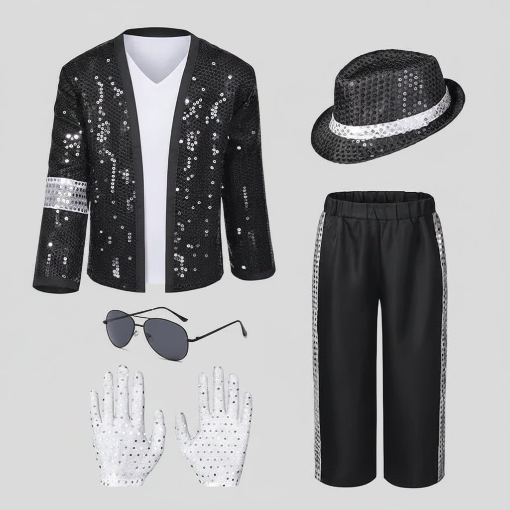 Pop Star Costume with Sequined Jacket Fedora Gloves and Wig - Image 2