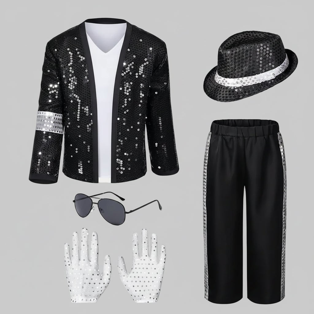 Pop Star Costume with Sequined Jacket Fedora Gloves and Wig - Image 4