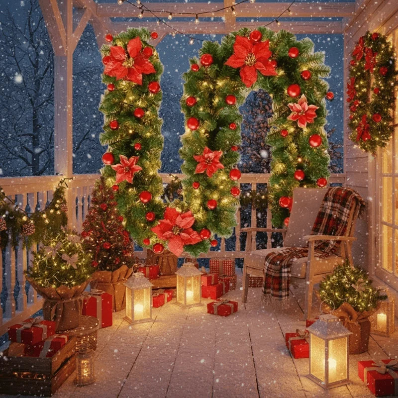 Pre-Lit Christmas Garland with LED Lights Ornaments and Poinsettia Flowers - Image 3