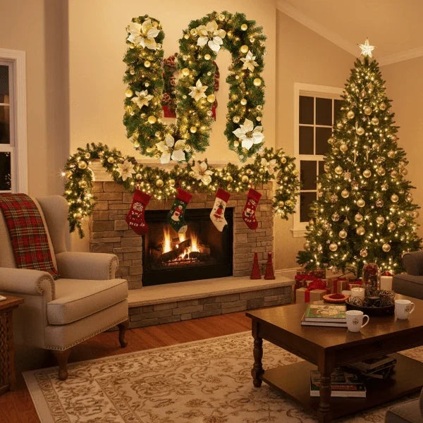 Pre-Lit Christmas Garland with LED Lights Ornaments and Poinsettia Flowers - Image 4