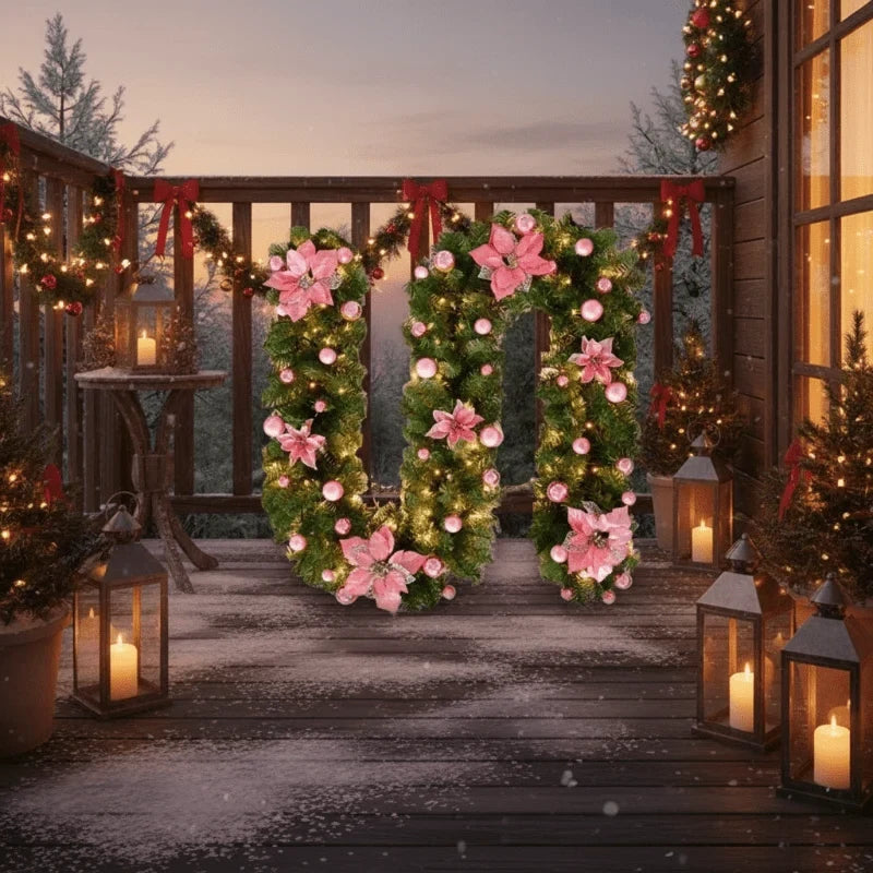 Pre-Lit Christmas Garland with LED Lights Ornaments and Poinsettia Flowers - Image 6