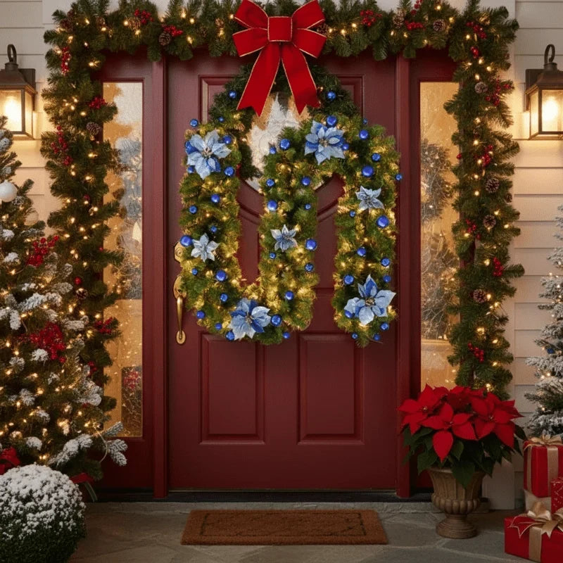 Pre-Lit Christmas Garland with LED Lights Ornaments and Poinsettia Flowers - Image 7