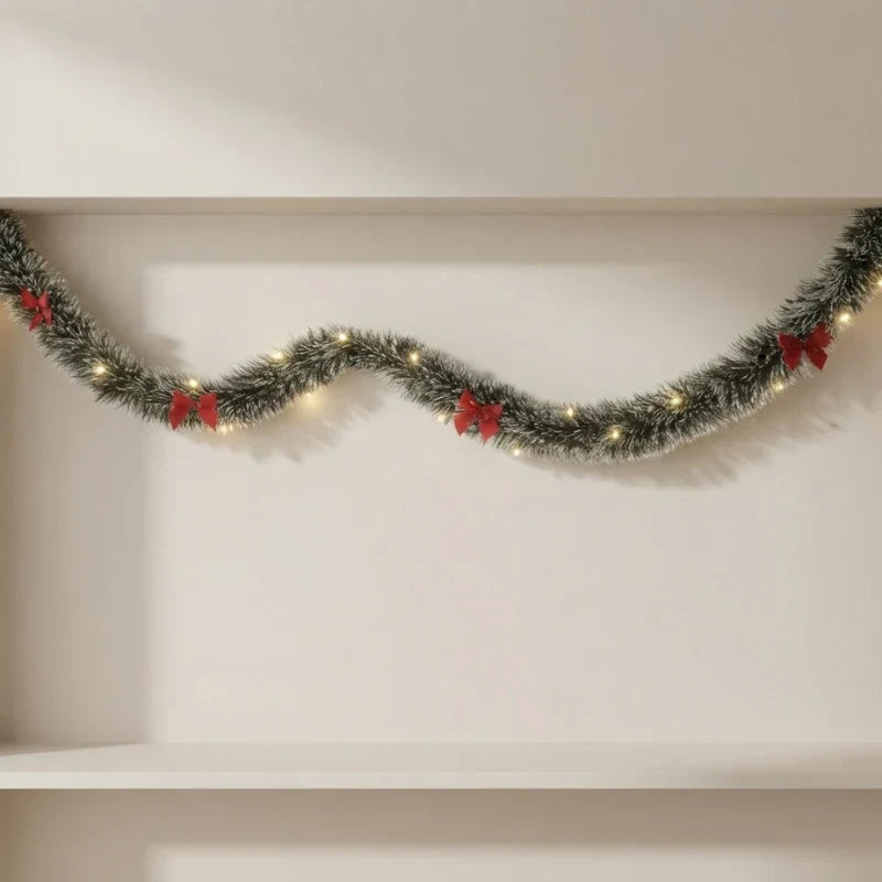 Pre-Lit Tinsel Garland with LED Lights Bows Frosted White Tips - Image 1