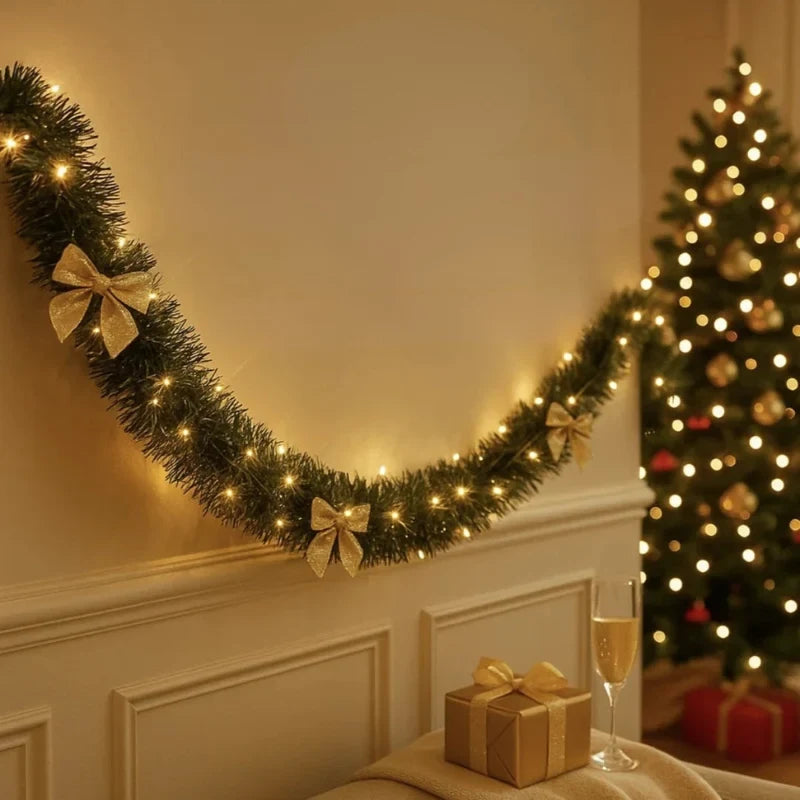 Pre-Lit Tinsel Garland with LED Lights Bows Frosted White Tips - Image 6