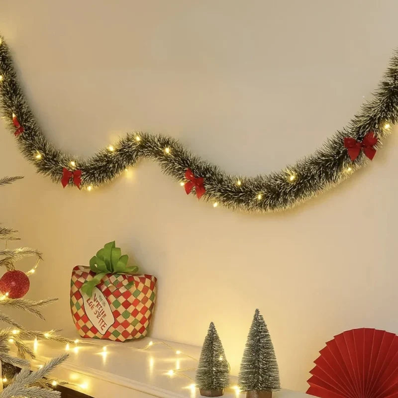 Pre-Lit Tinsel Garland with LED Lights Bows Frosted White Tips - Image 7