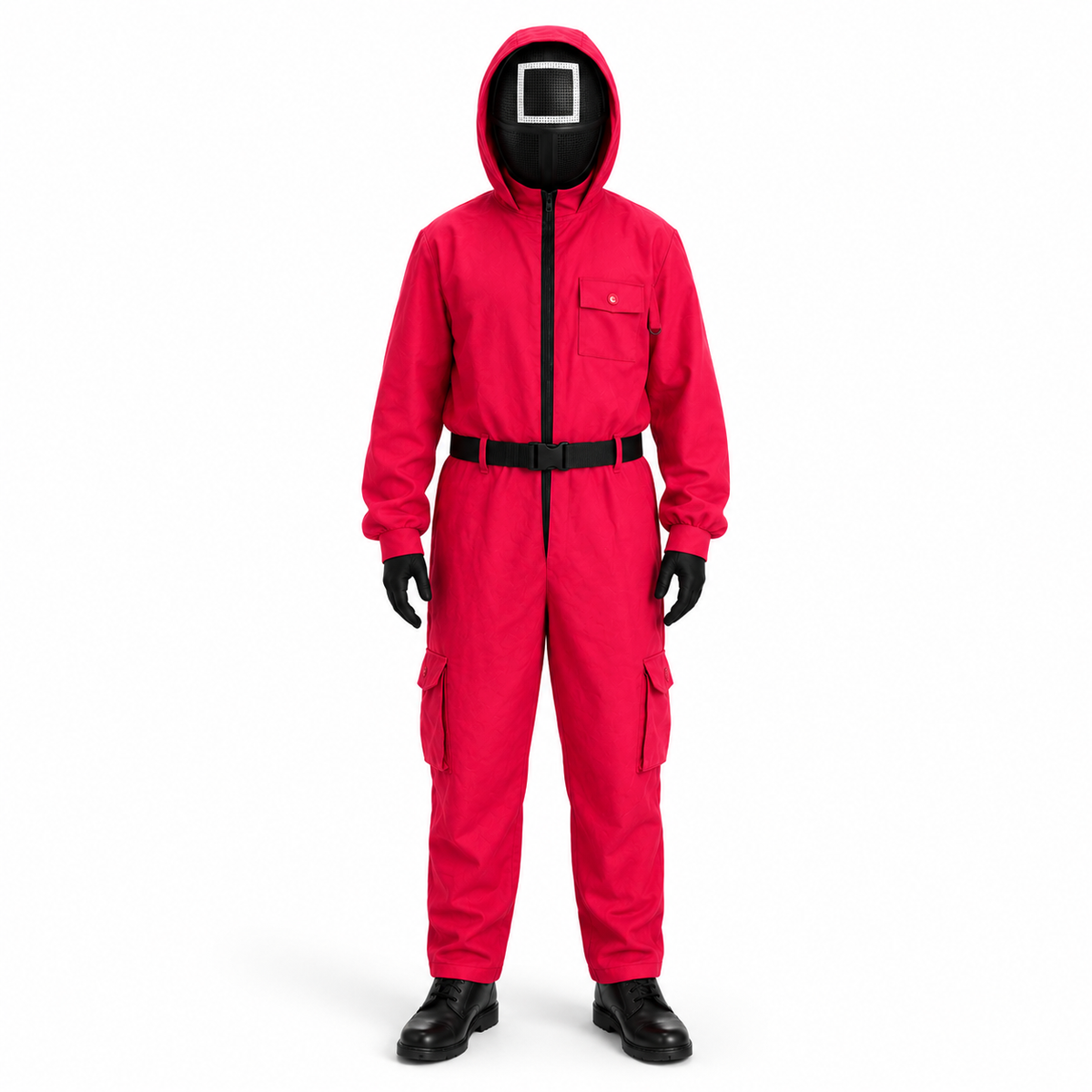 Red Jumpsuit Halloween Costume with Hooded Design Belt and Geometric Mask - Image 3