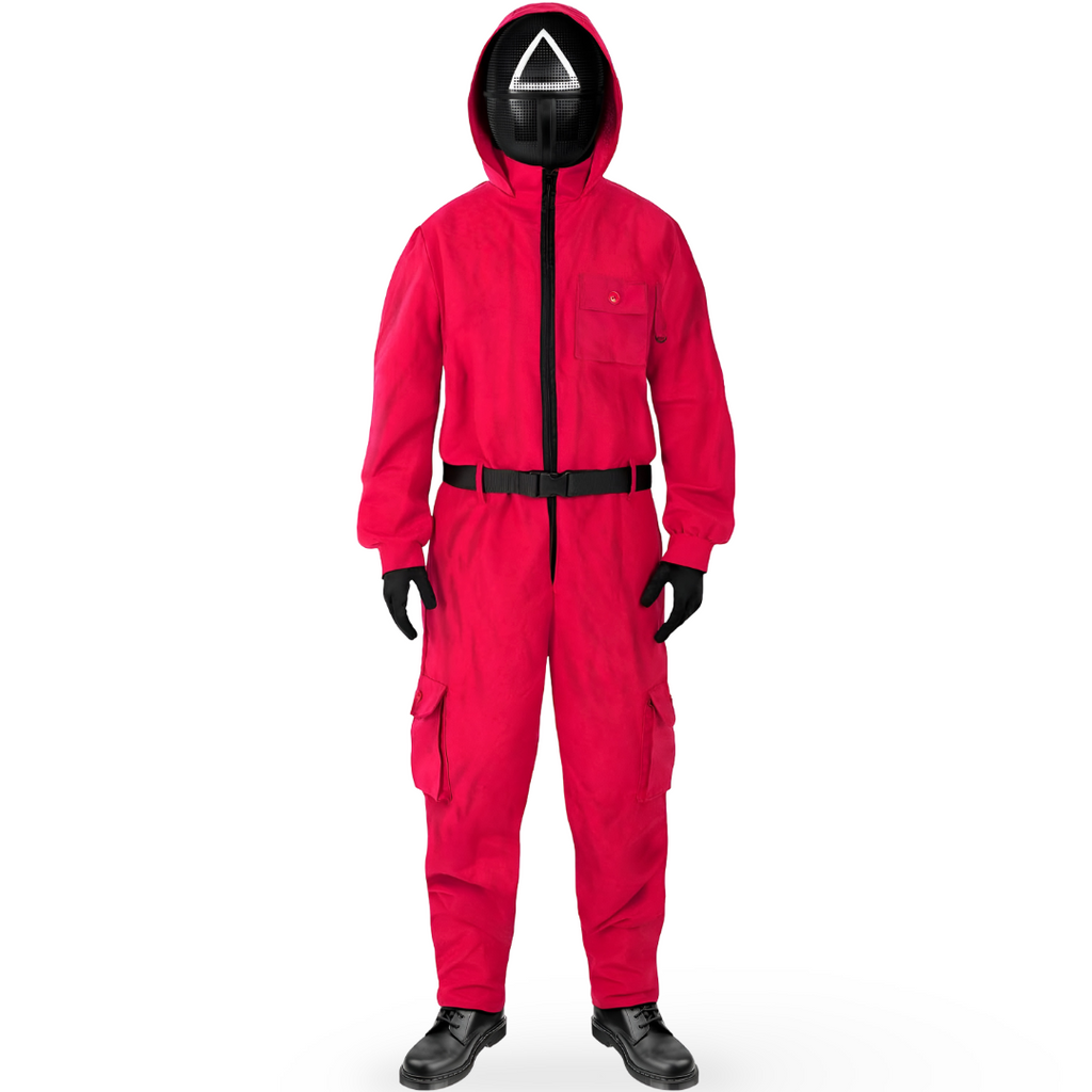 Red Jumpsuit Halloween Costume with Hooded Design Belt and Geometric Mask - Image 4