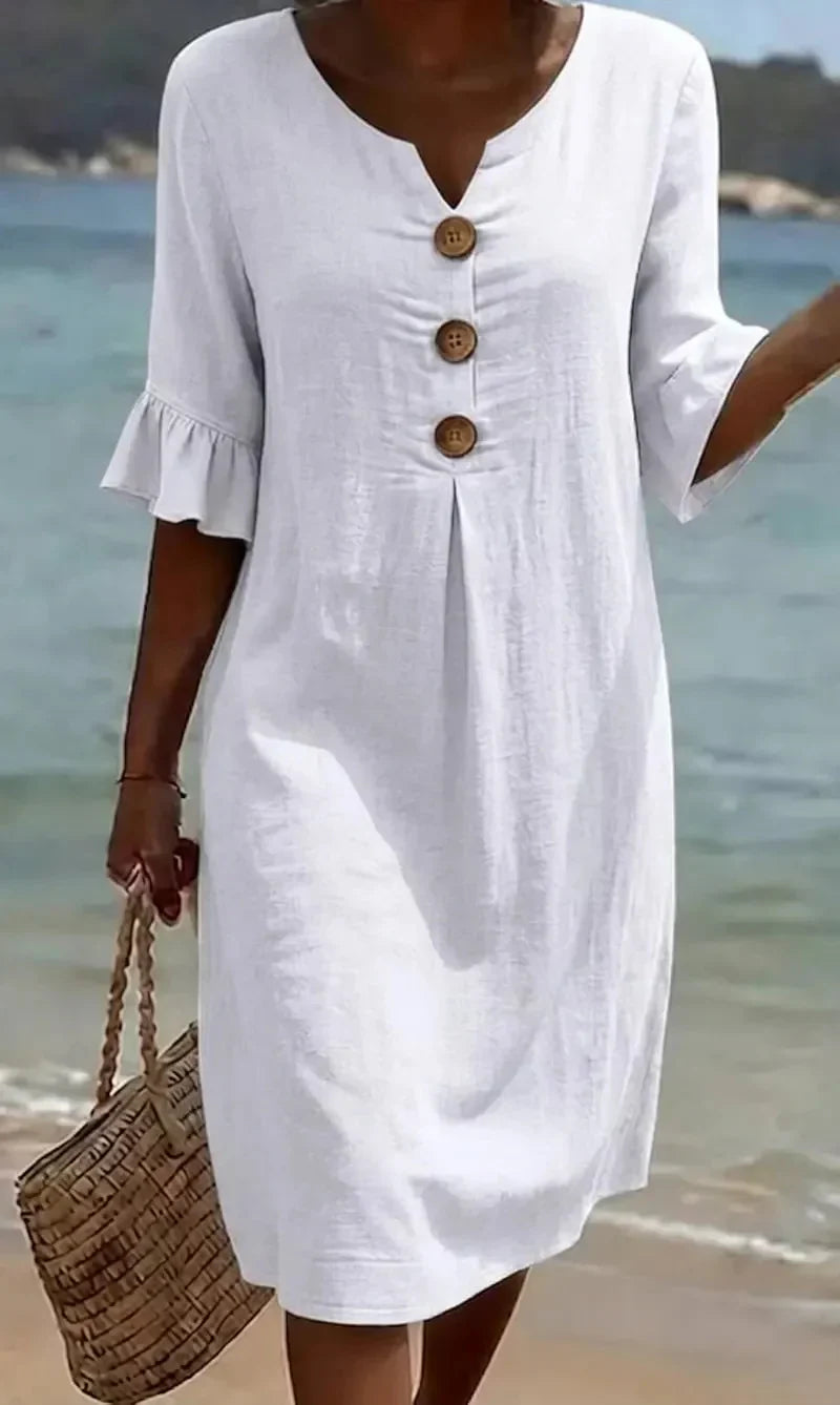 Sara | Vestito Midi Maniche Sbuffo Bottoni Bianco