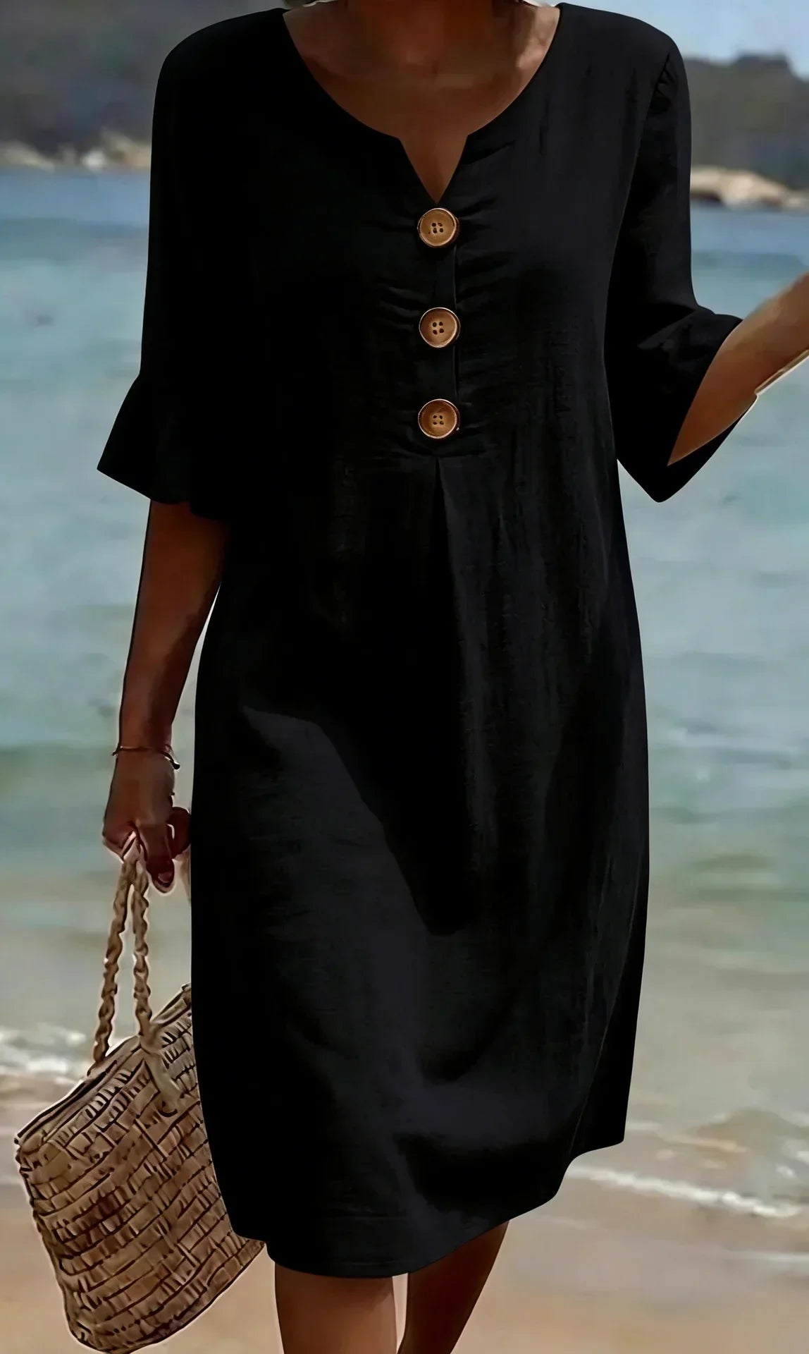 Sara | Vestito Midi Maniche Sbuffo Bottoni Nero
