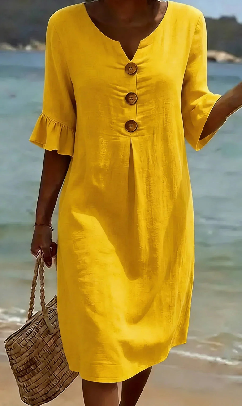 Sara | Vestito Midi Maniche Sbuffo Bottoni Giallo