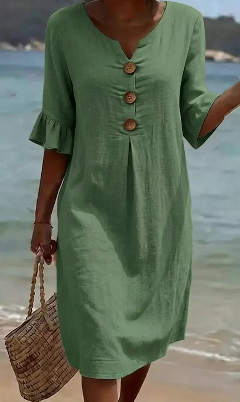 Sara | Vestito Midi Maniche Sbuffo Bottoni Verde