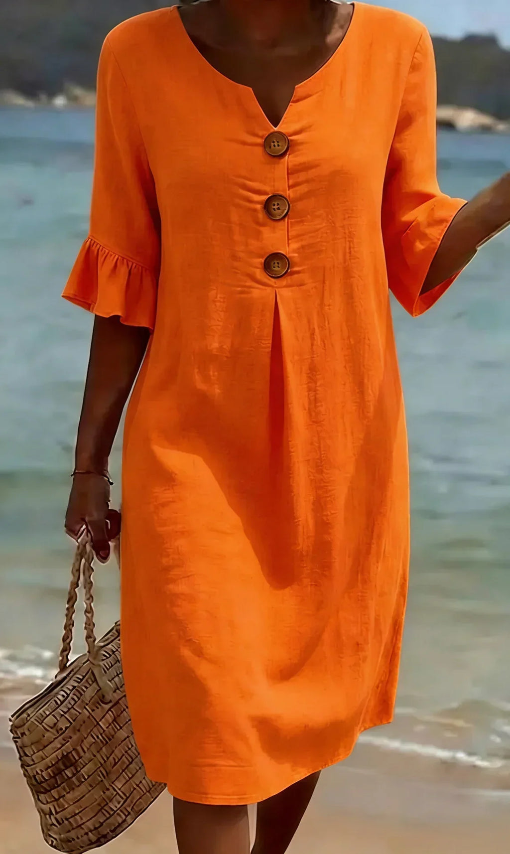 Sara | Vestito Midi Maniche Sbuffo Bottoni Arancione