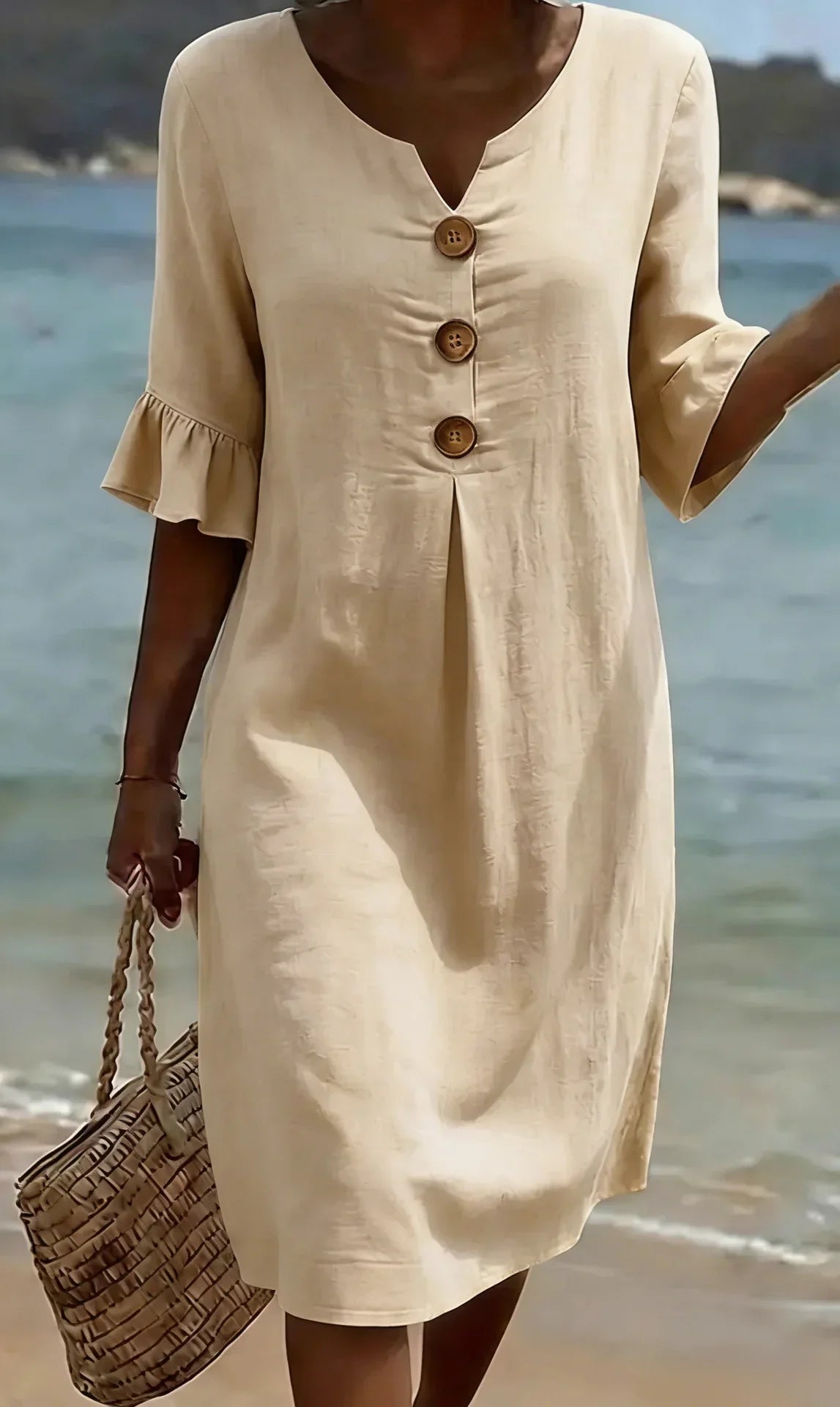 Sara | Vestito Midi Maniche Sbuffo Bottoni Beige