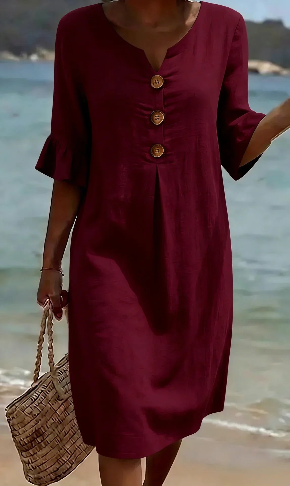 Sara | Vestito Midi Maniche Sbuffo Bottoni Bordeaux