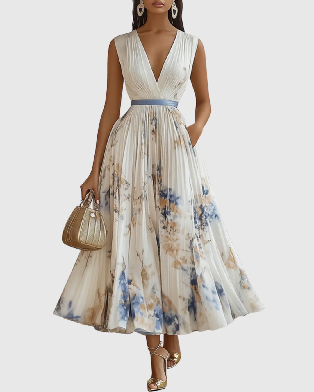 Sara | Vestito Midi Scollo V Plissettato Bianco