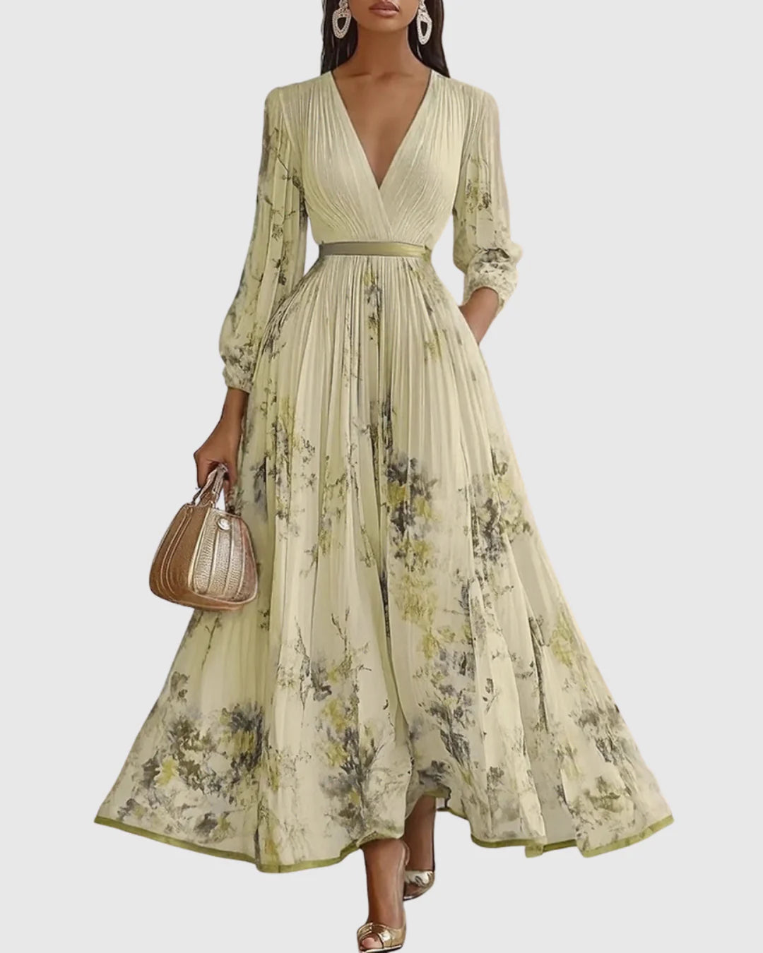 Sara | Vestito Midi Scollo V Plissettato Giallo