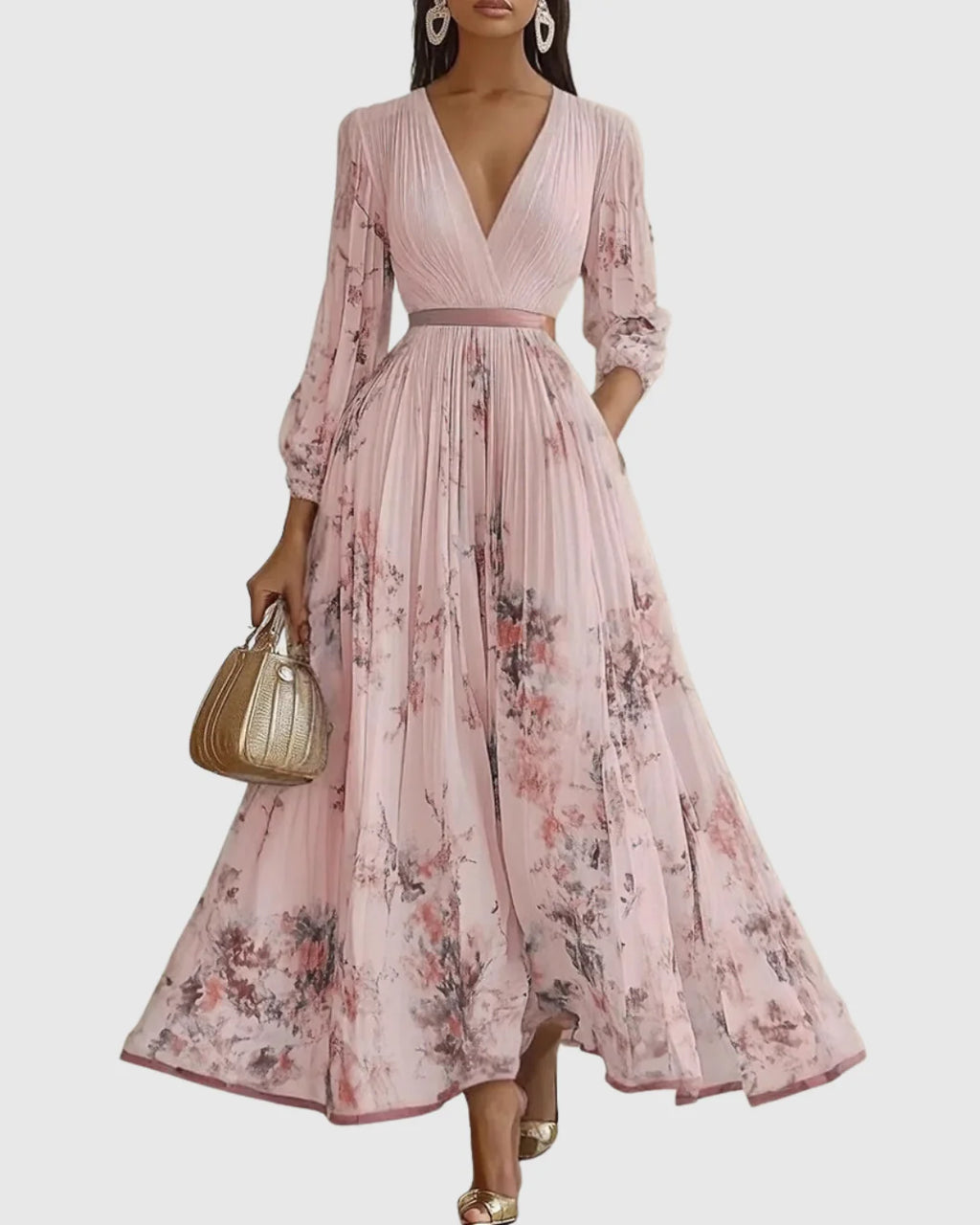 Sara | Vestito Midi Scollo V Plissettato Rosa