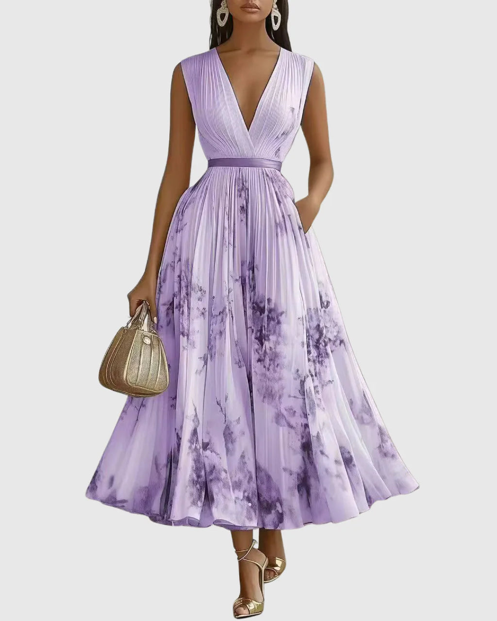 Sara | Vestito Midi Scollo V Plissettato Viola