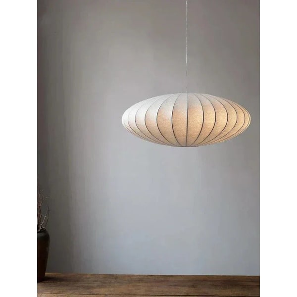 Saucer Pendant Light with Ribbed Silk Shade and Mid Century Modern Design - Image 1