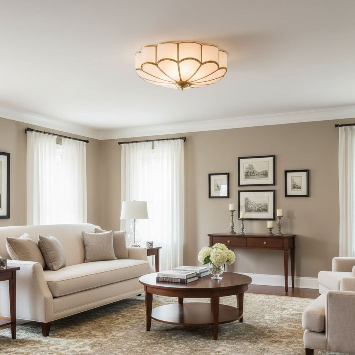Semi Flush Mount Lighting with Scalloped Glass Dome and Brass Frame Ceiling - Image 10