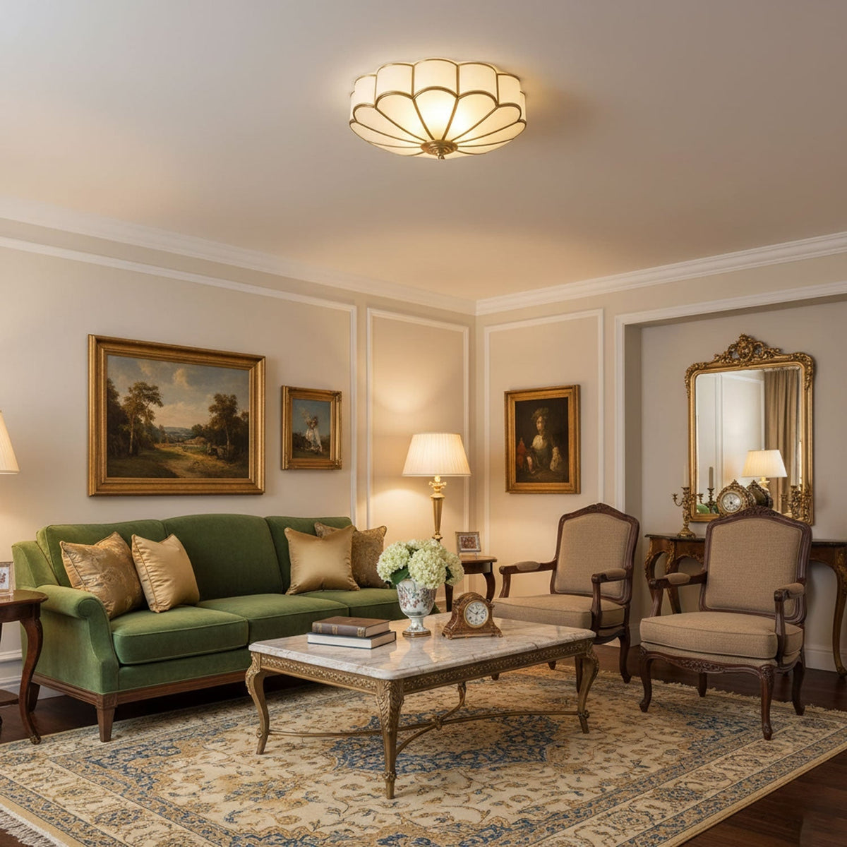 Semi Flush Mount Lighting with Scalloped Glass Dome and Brass Frame Ceiling - Image 11