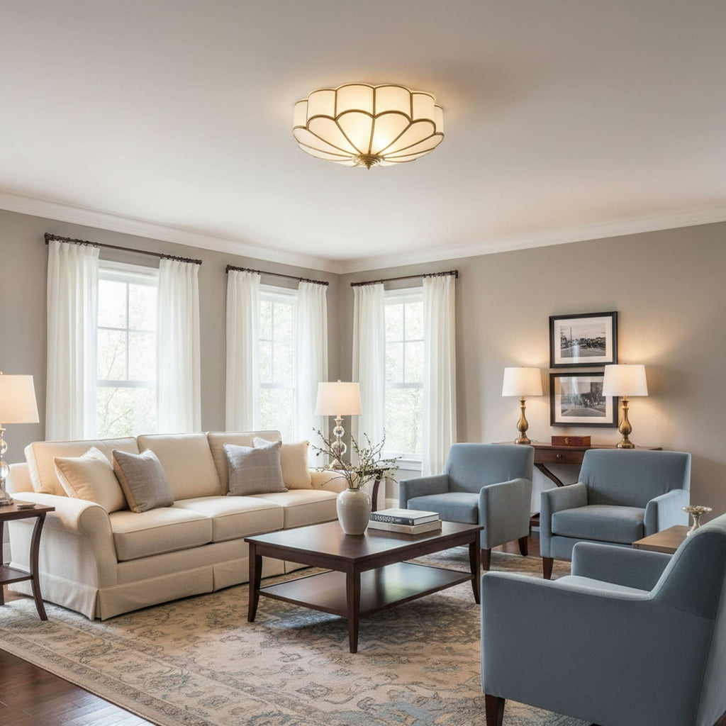 Semi Flush Mount Lighting with Scalloped Glass Dome and Brass Frame Ceiling - Image 12