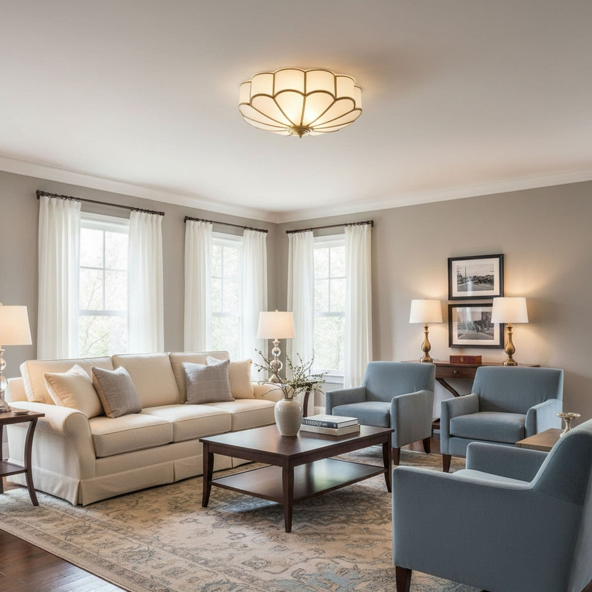Semi Flush Mount Lighting with Scalloped Glass Dome and Brass Frame Ceiling - Image 12