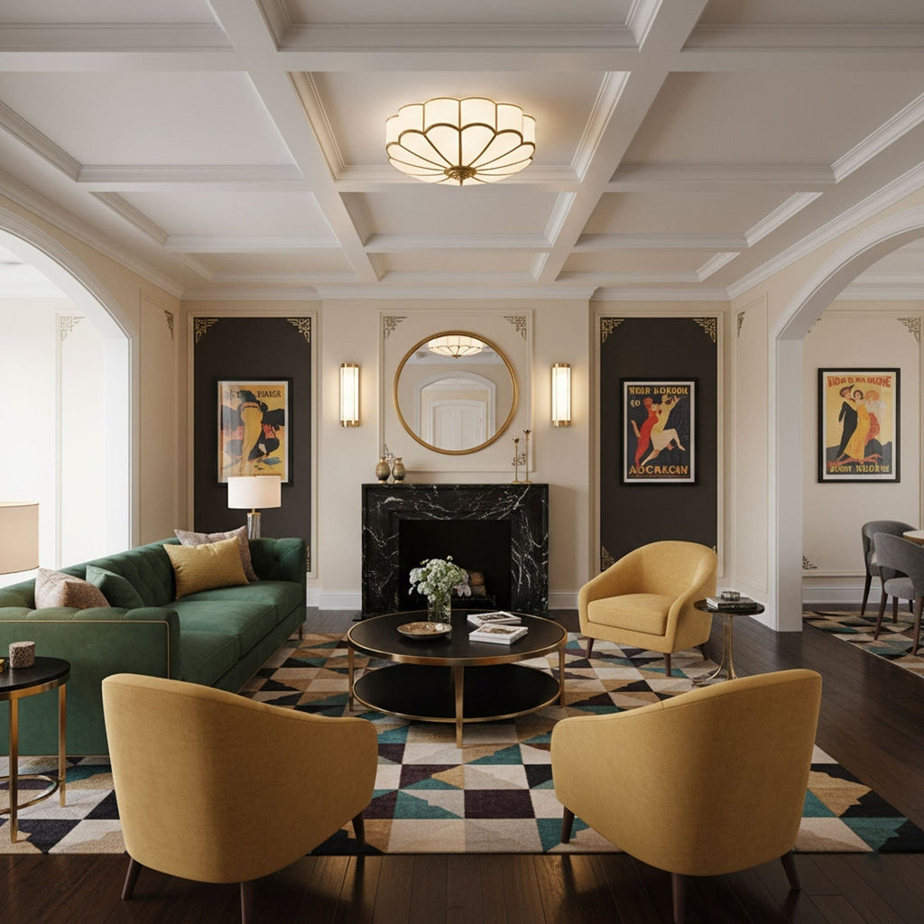 Semi Flush Mount Lighting with Scalloped Glass Dome and Brass Frame Ceiling - Image 13