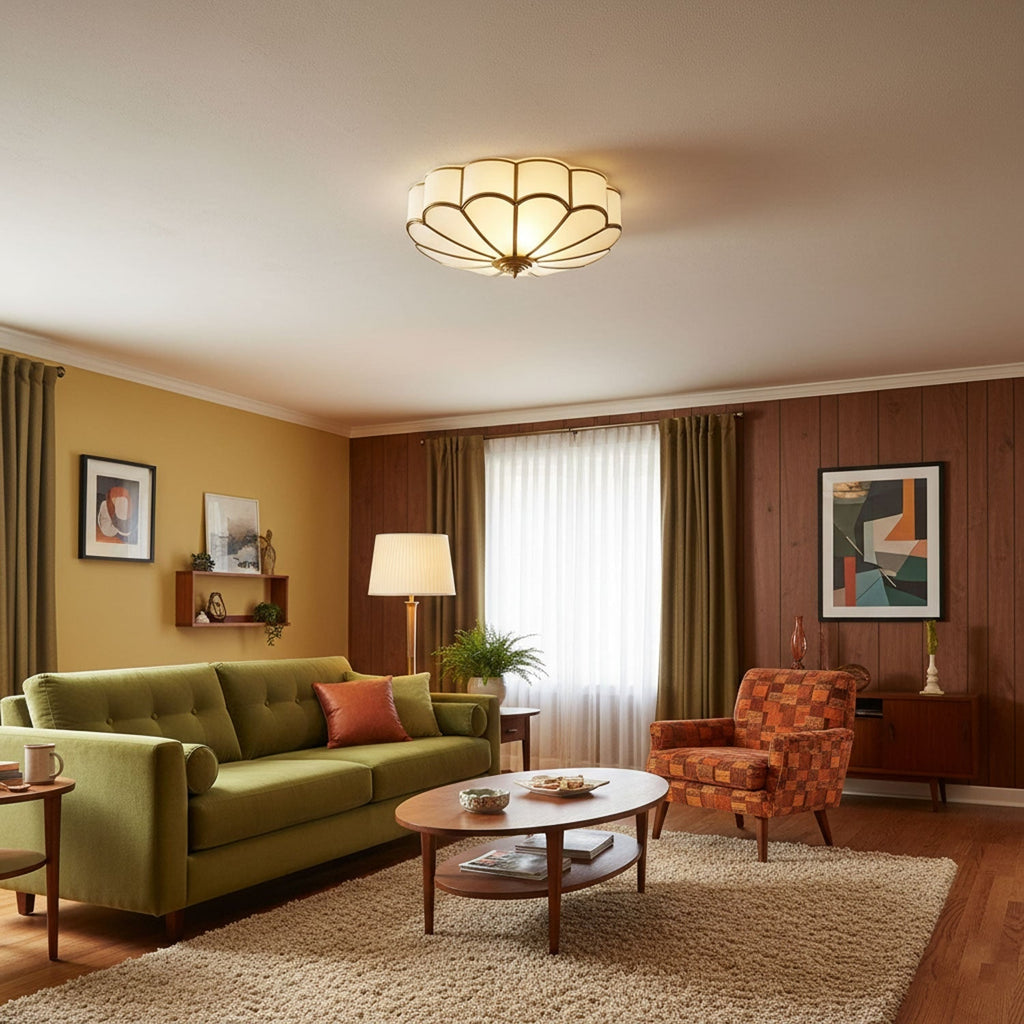 Semi Flush Mount Lighting with Scalloped Glass Dome and Brass Frame Ceiling - Image 14