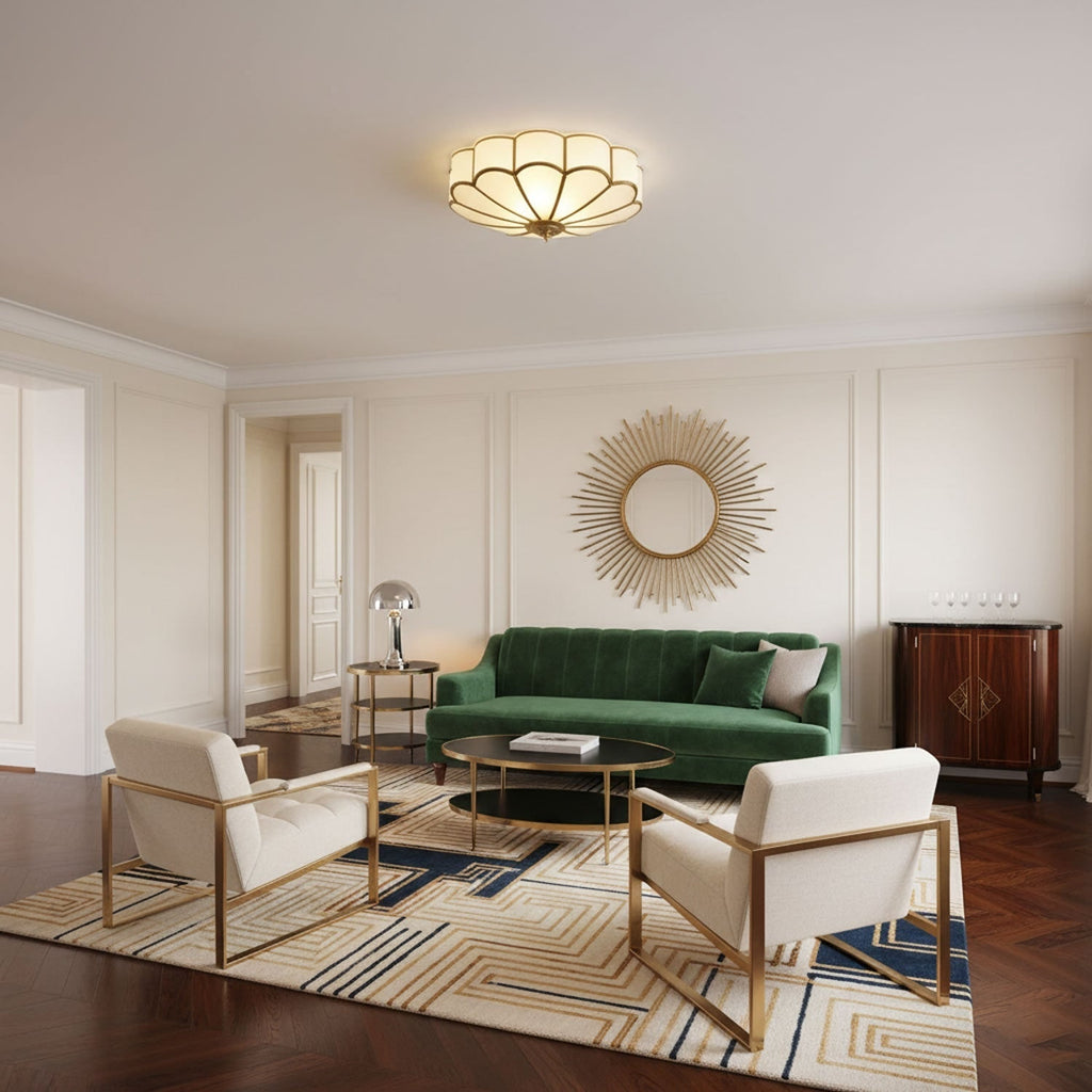 Semi Flush Mount Lighting with Scalloped Glass Dome and Brass Frame Ceiling - Image 16
