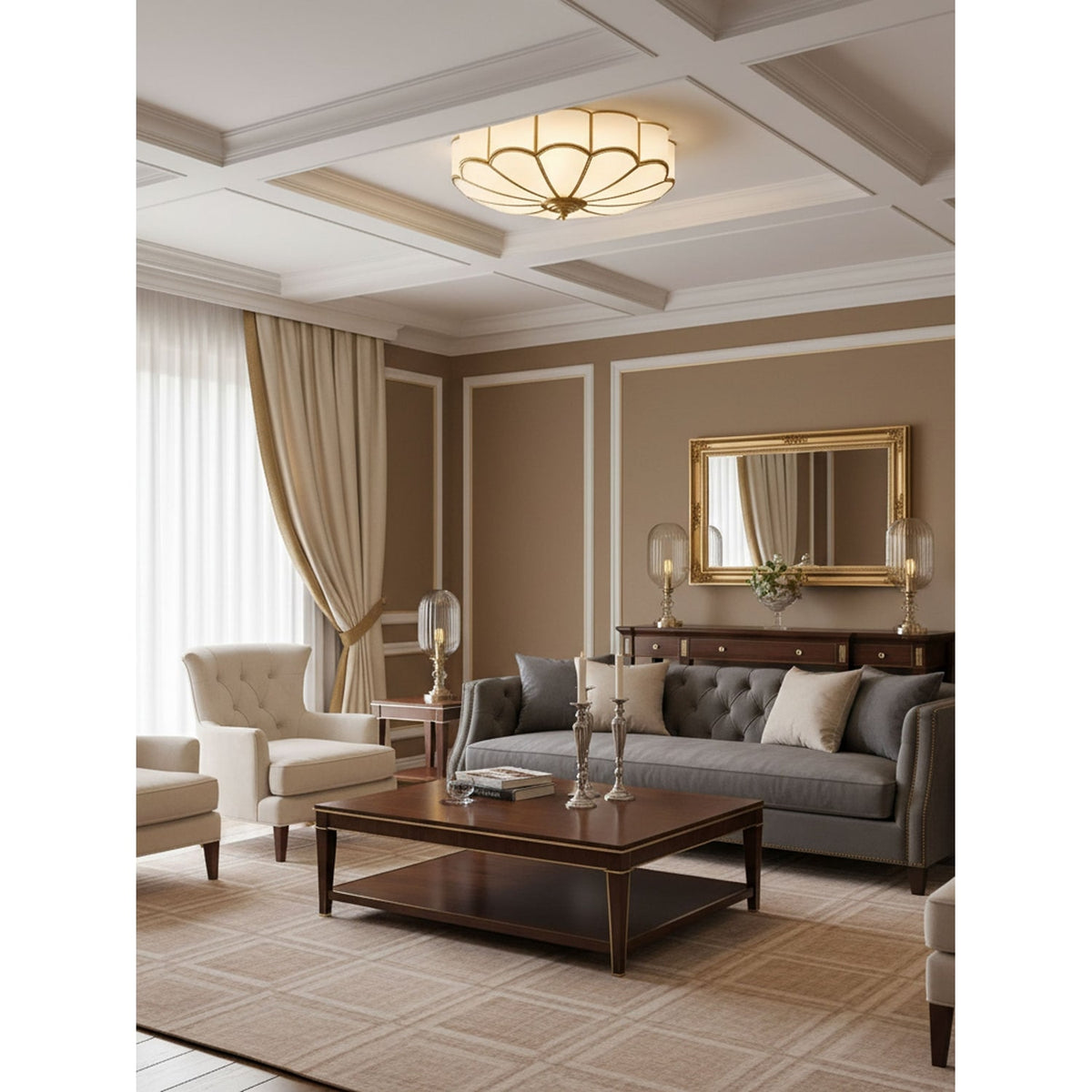Semi Flush Mount Lighting with Scalloped Glass Dome and Brass Frame Ceiling - Image 17