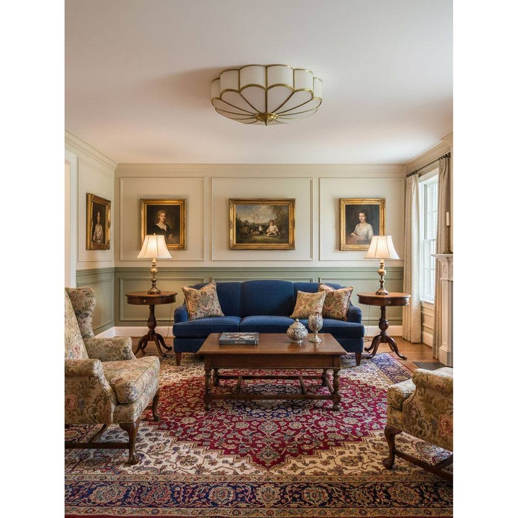 Semi Flush Mount Lighting with Scalloped Glass Dome and Brass Frame Ceiling - Image 18