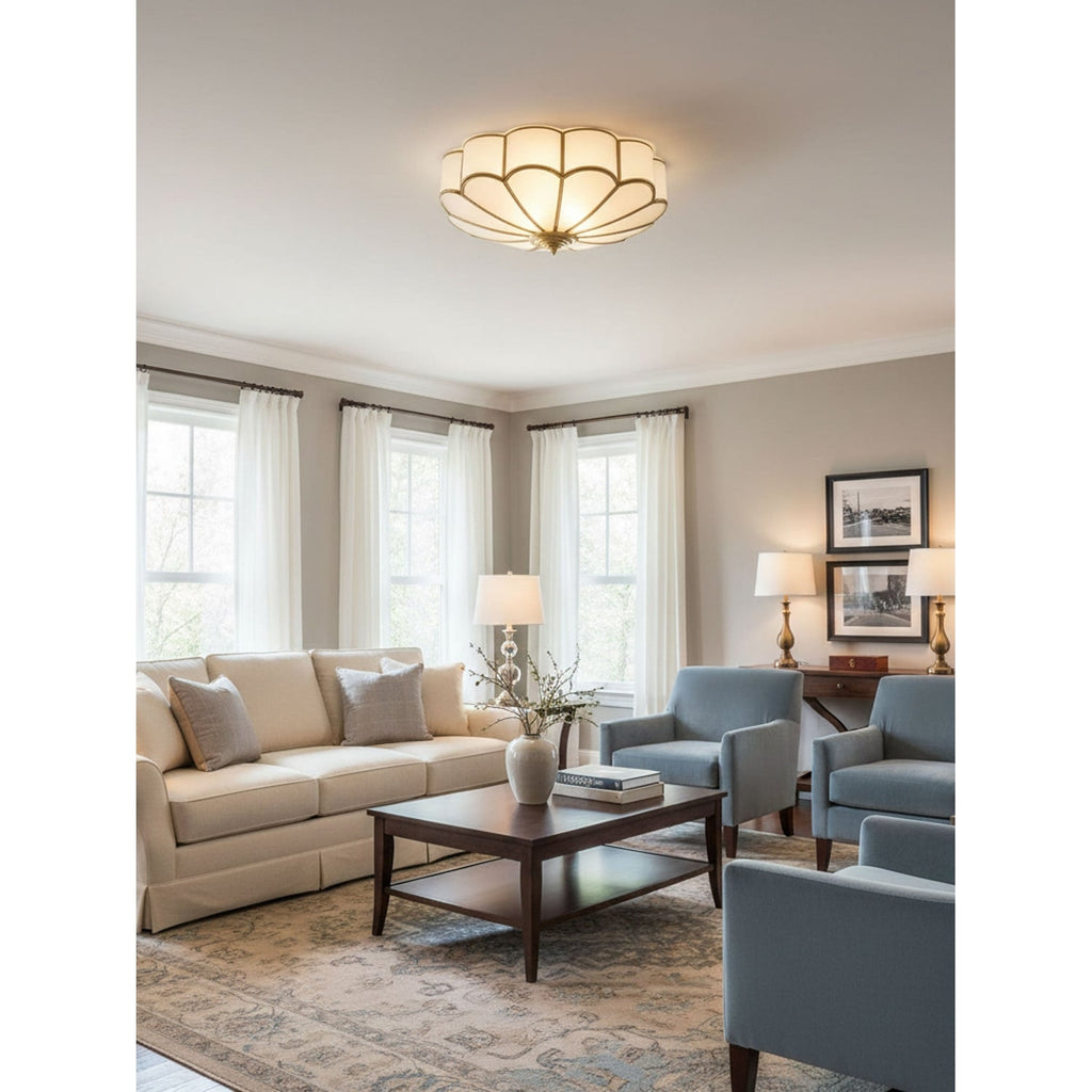 Semi Flush Mount Lighting with Scalloped Glass Dome and Brass Frame Ceiling - Image 19