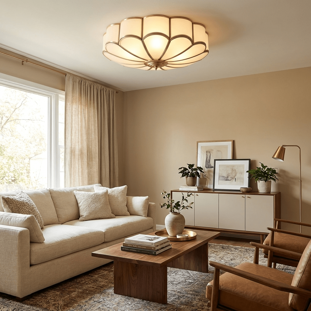 Semi Flush Mount Lighting with Scalloped Glass Dome and Brass Frame Ceiling - Image 2