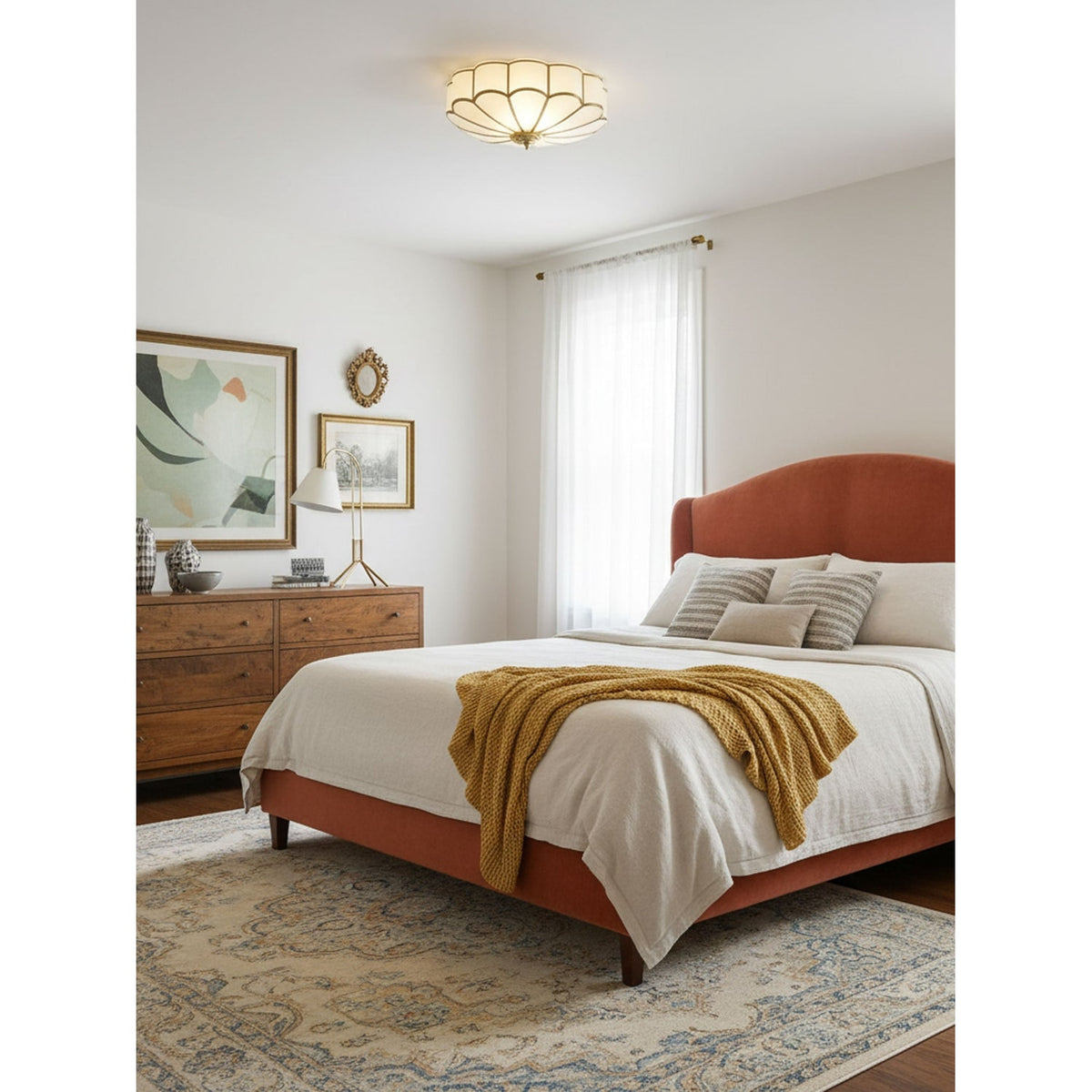 Semi Flush Mount Lighting with Scalloped Glass Dome and Brass Frame Ceiling - Image 20