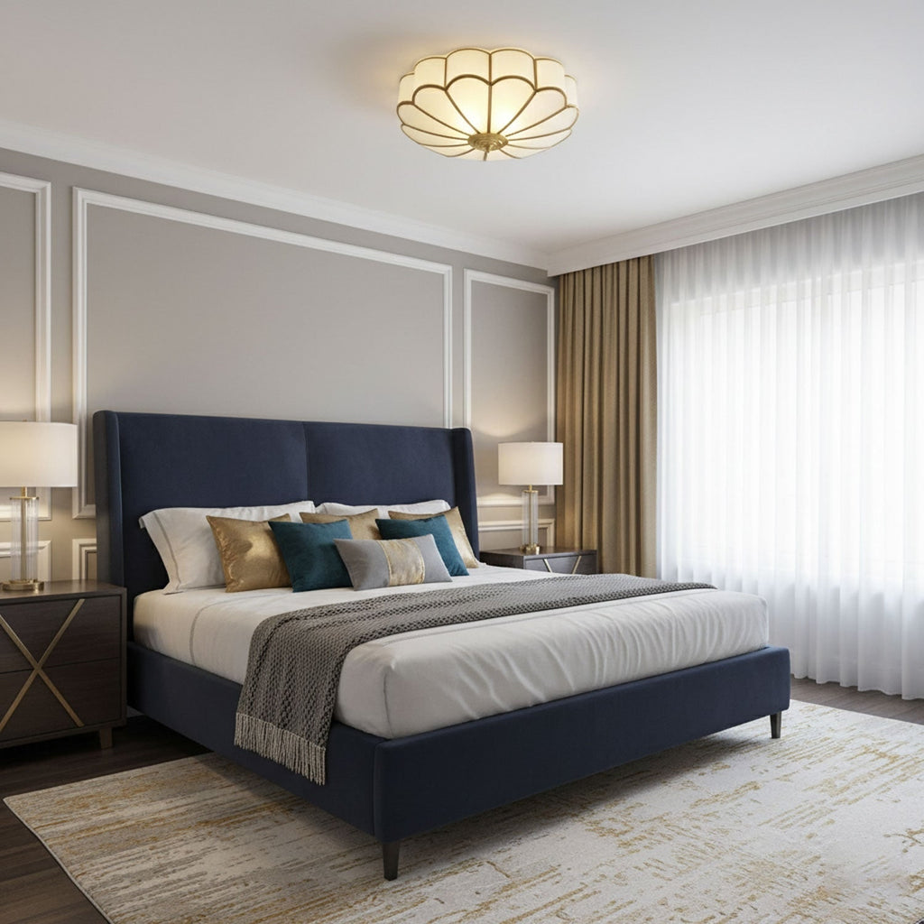 Semi Flush Mount Lighting with Scalloped Glass Dome and Brass Frame Ceiling - Image 21