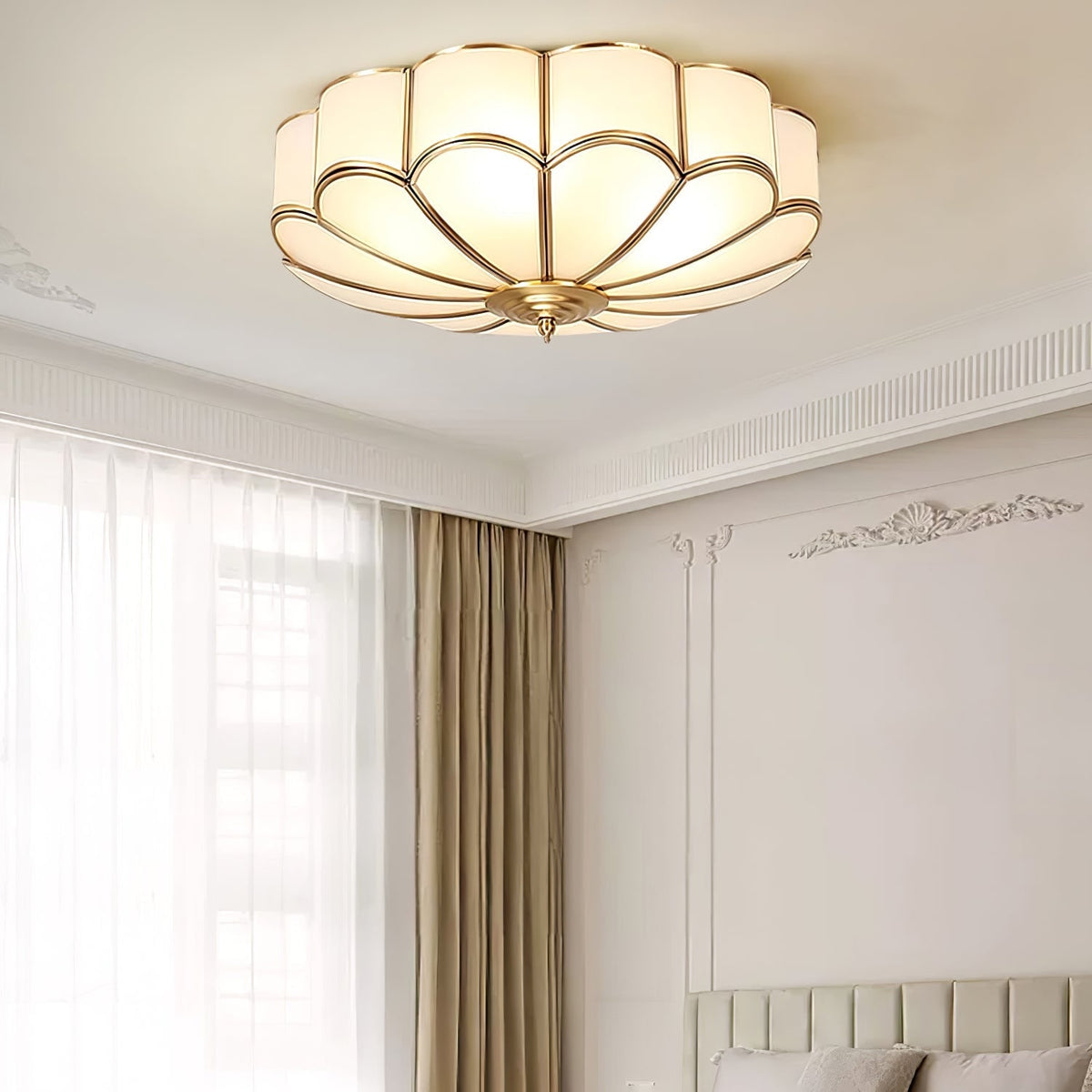 Semi Flush Mount Lighting with Scalloped Glass Dome and Brass Frame Ceiling - Image 23