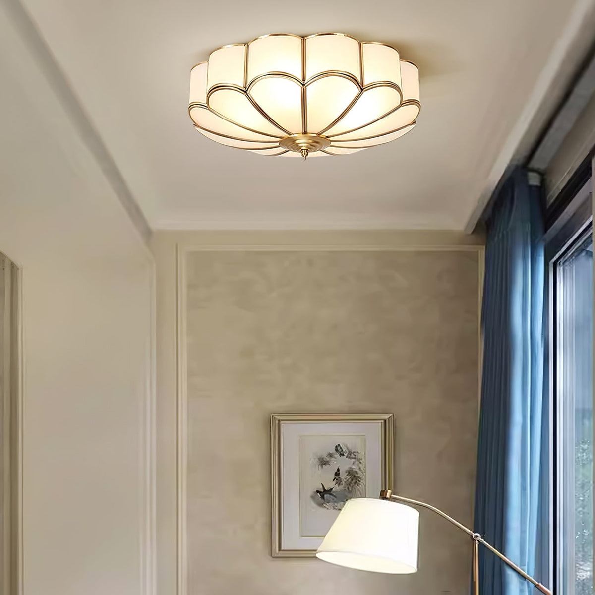Semi Flush Mount Lighting with Scalloped Glass Dome and Brass Frame Ceiling - Image 24