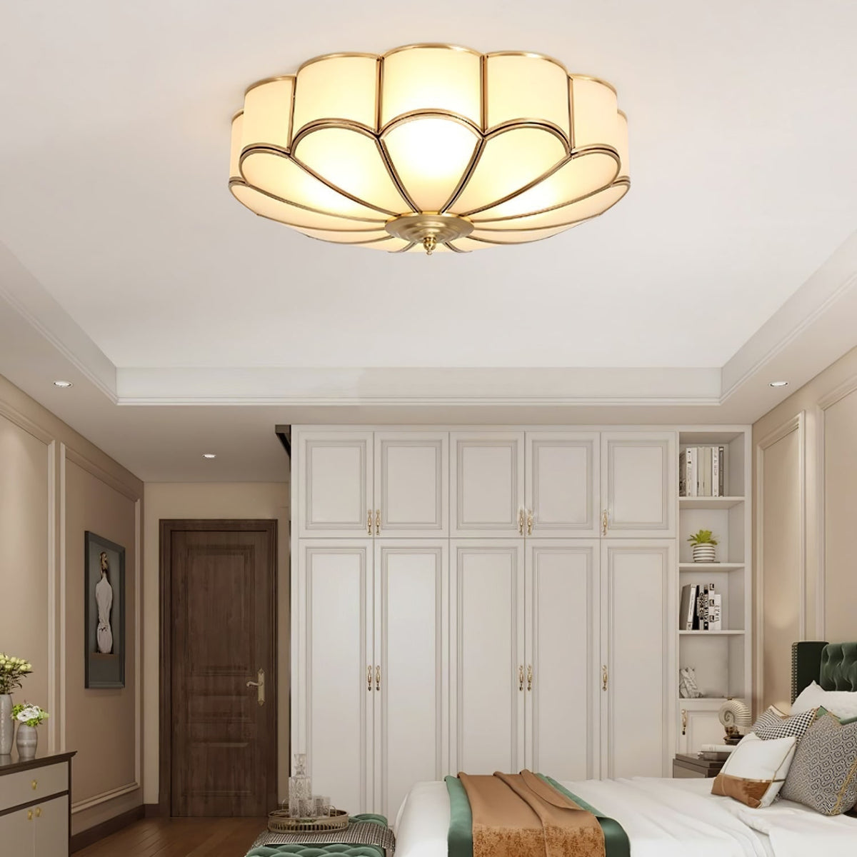 Semi Flush Mount Lighting with Scalloped Glass Dome and Brass Frame Ceiling - Image 25
